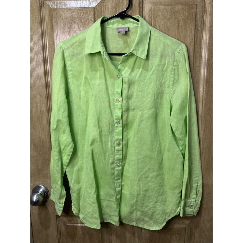 J Jill Linen Women's Pure 100% Linen Green Small Woven Lagenlook Button Up